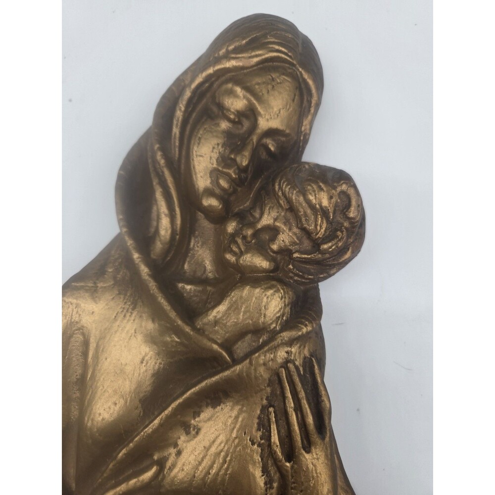 Virgin Mary Madonna & Baby Jesus Gold Wall hanging Plaque MCM Light Wood 16 x 8